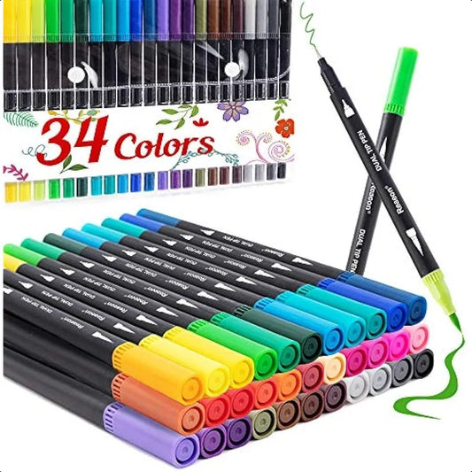 Dual Brush Tip Coloring Markers – 34-Color Set for Calligraphy, Journaling & Drawing 🎨