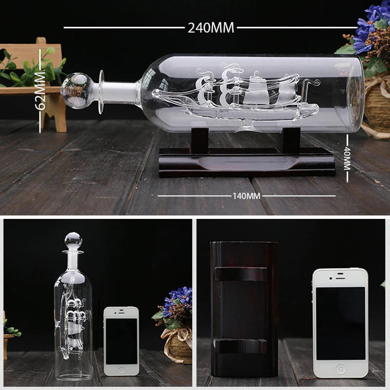 Sailboat in Drifting Bottle – 3D Glass Ornament with Wooden Base for Nautical Home & Tabletop Décor