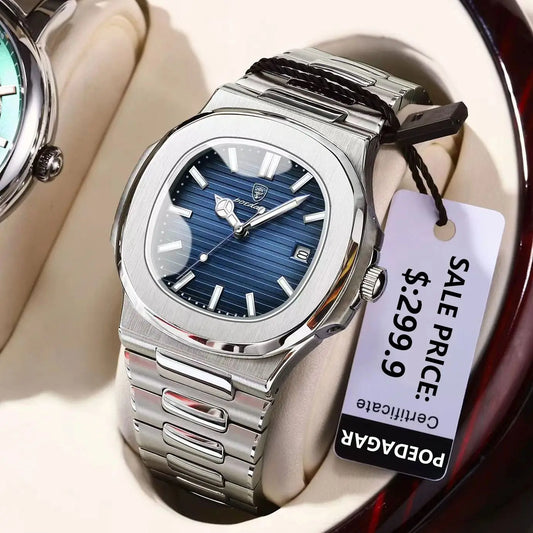 POEDAGAR Luxury Square Dial Men’s Watch – Stainless Steel, Calendar, Luminous & Waterproof Casual Wristwatch
