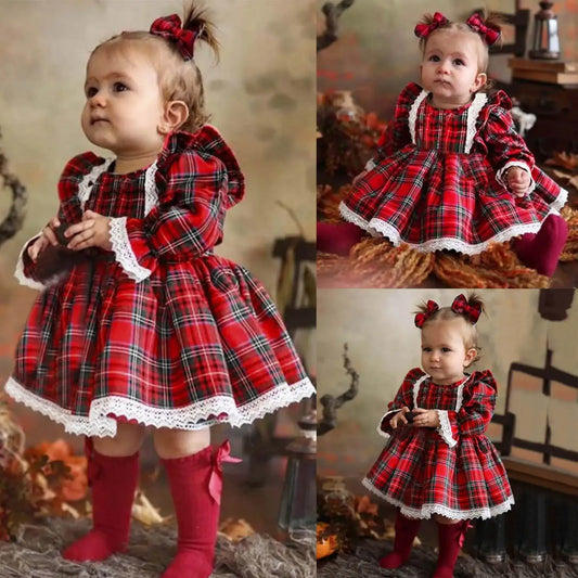 Red Plaid Lace & Ruffle Long-Sleeve Tutu Party Dress for Baby Girls – Christmas Outfit