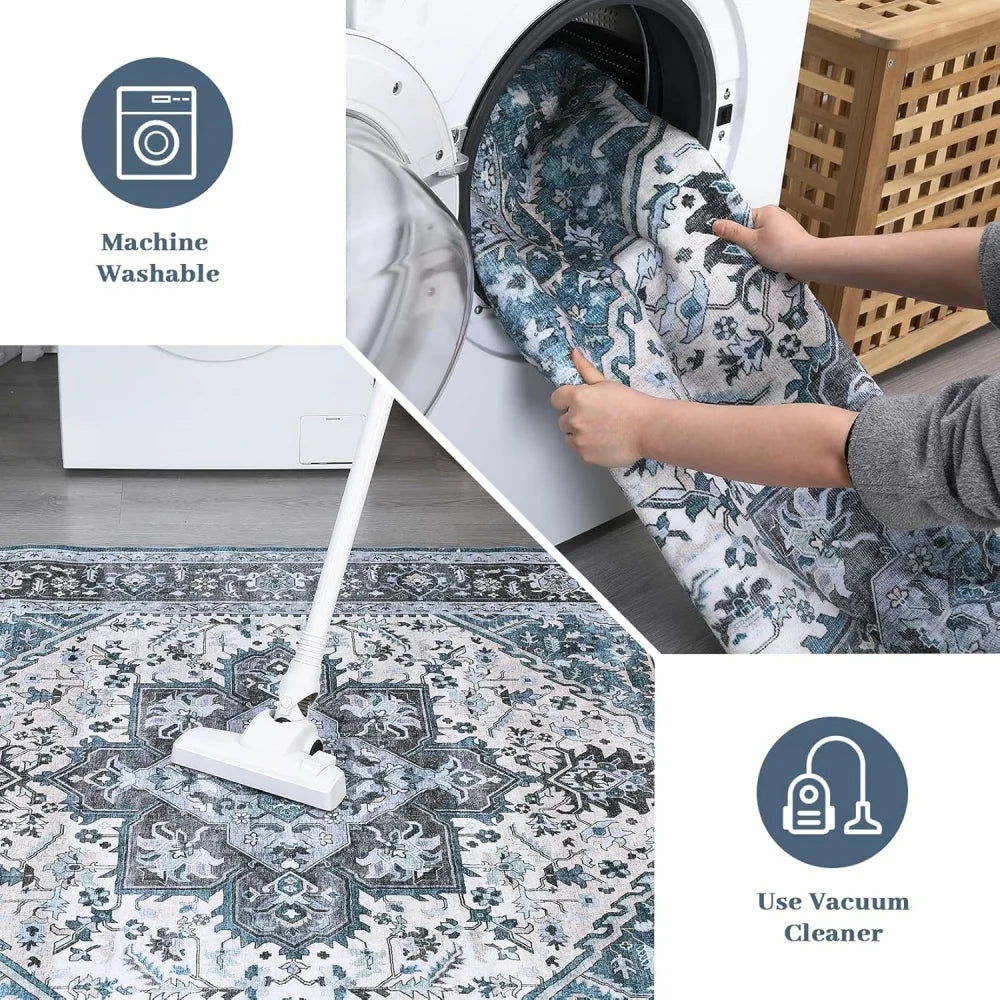 8x10 Washable Vintage Medallion Area Rug – Soft Low-Pile Non-Slip Accent Carpet for Living Room & Bedroom