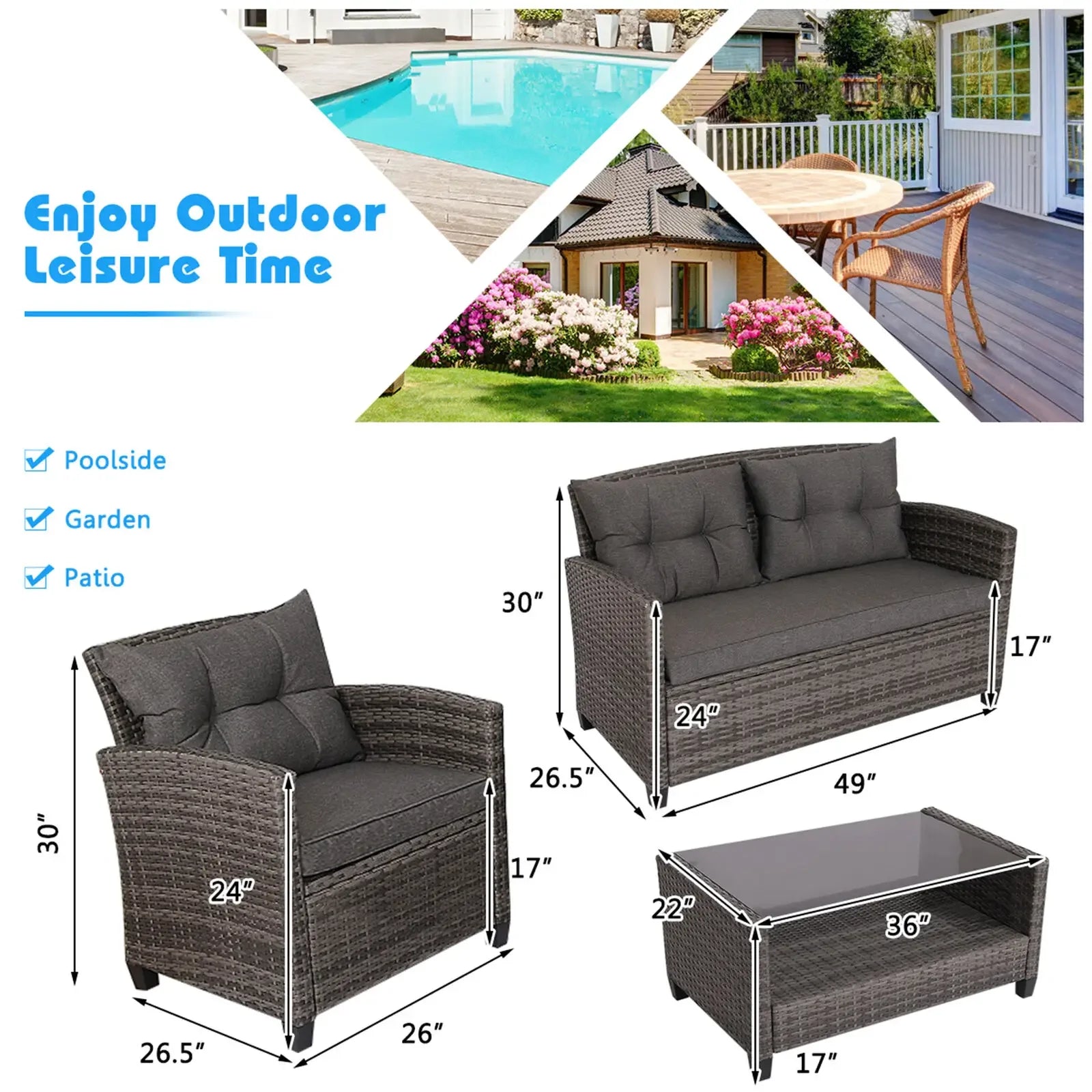 “4-Piece Rattan Patio Conversation Set – Outdoor Furniture with Cushioned Loveseat, 2 Chairs & Coffee Table”