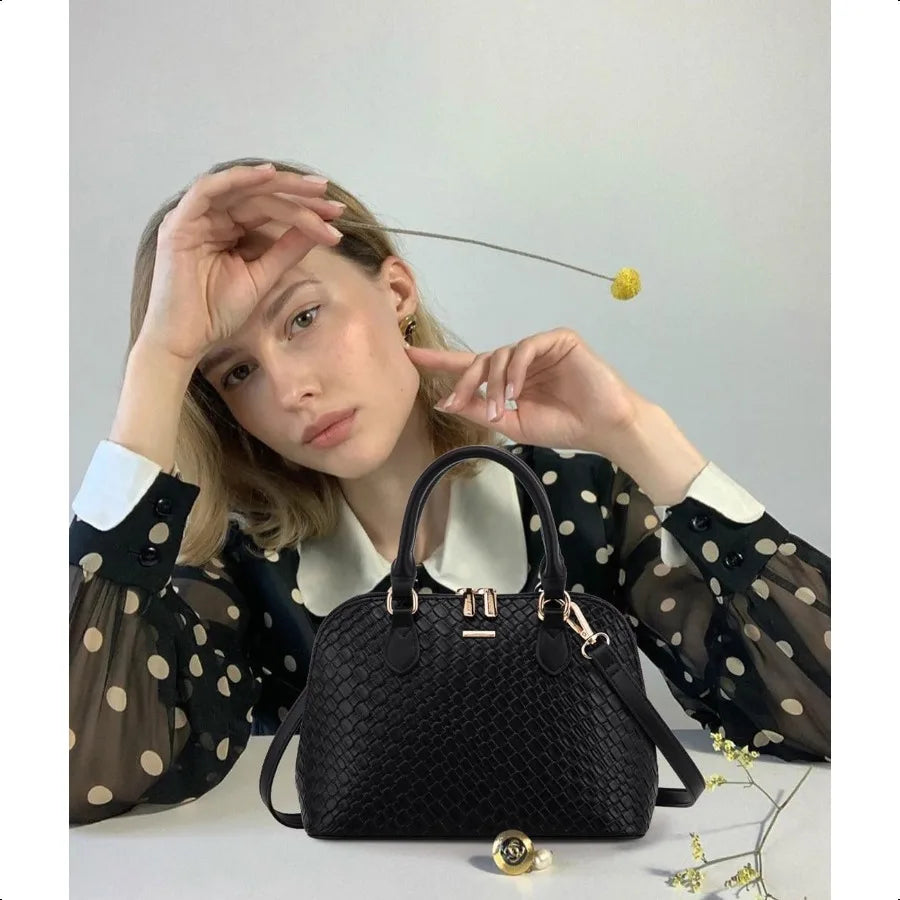 Women’s Classic Double-Zip Top Handle Dome Satchel Bag – Small Crossbody Handbag