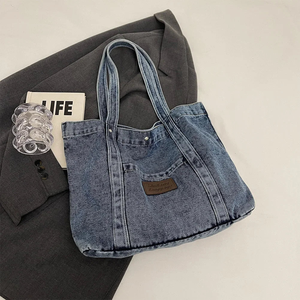 Women’s Large Denim Shoulder Bag – Trendy Tote Handbag with Spacious Capacity for Shopping & Daily Commute 👜💙
