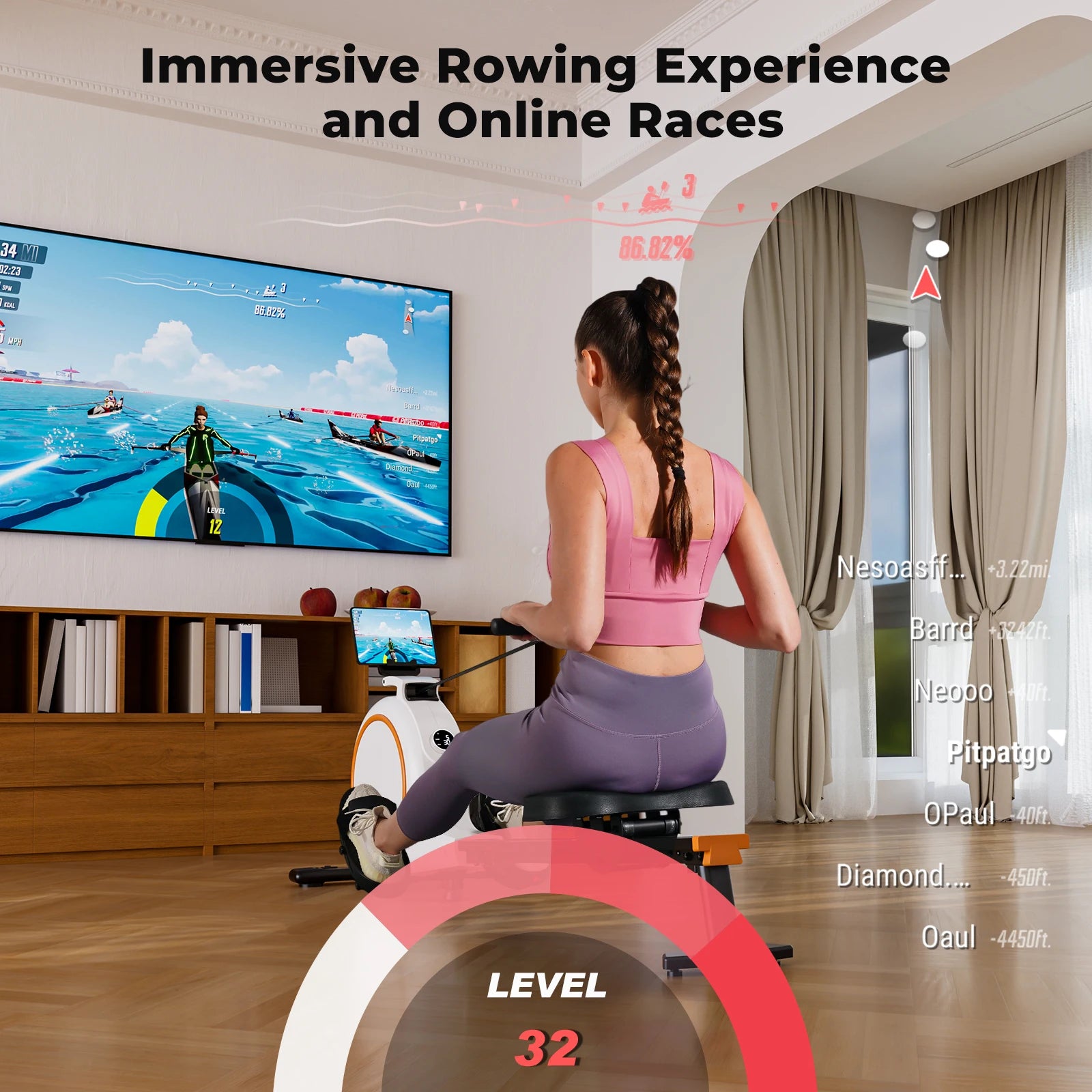 Home Rowing Machine — 32-Level Adjustable Magnetic Resistance, LED Monitor, Tablet Holder, Bluetooth Fitness Trainer