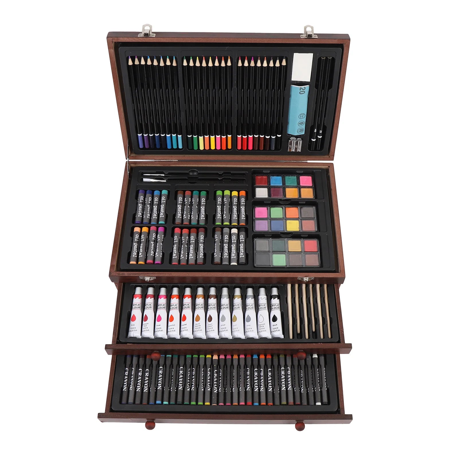 142-Piece Ultimate Wooden Art Set – Colored Pencils, Oil Pastels, Crayons & Watercolor Kit