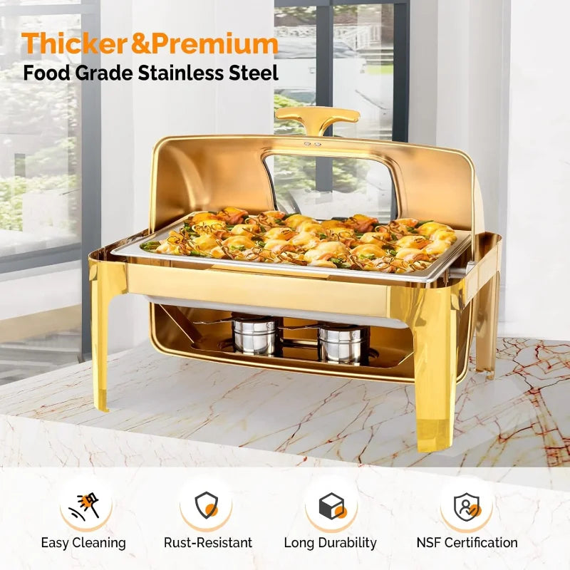 3-Pack 9QT Roll-Top Chafing Dish Buffet Set – Rectangular NSF Stainless Steel Food Warmers with Thick Frame