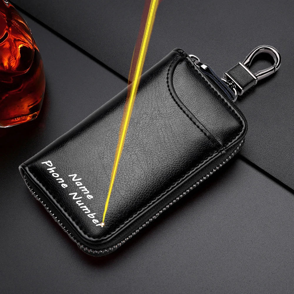 Personalized Leather Keychain Holder – Custom Name & Phone Number Car Key Case and Multifunction Pouch