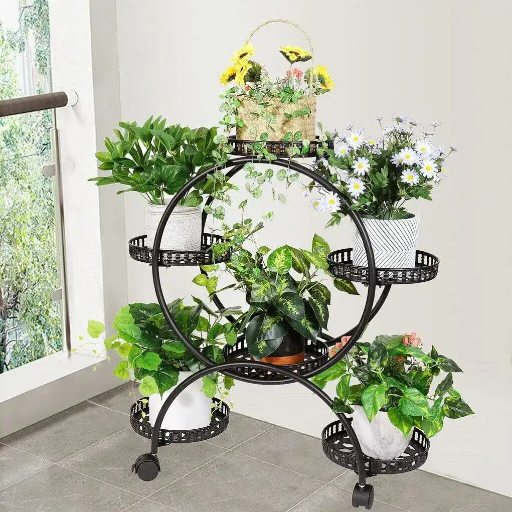 4-Layer Plant Stand Rack with 6 Pots – Mobile Flower Display Shelf on Casters for Balcony & Indoor