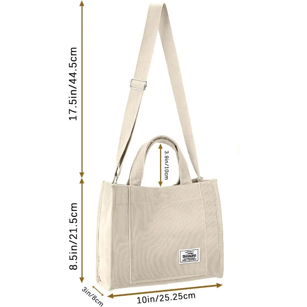 Corduroy Tote Bag for Women – Small Satchel Mini Tote Crossbody Handbag for School, Work & Travel