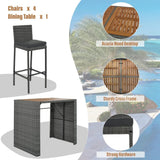 “5-Piece Rattan Patio Bar Set – Outdoor Wicker Furniture with Wood Tabletop & 4 High Stools for Garden, Poolside & Balcony Dining”