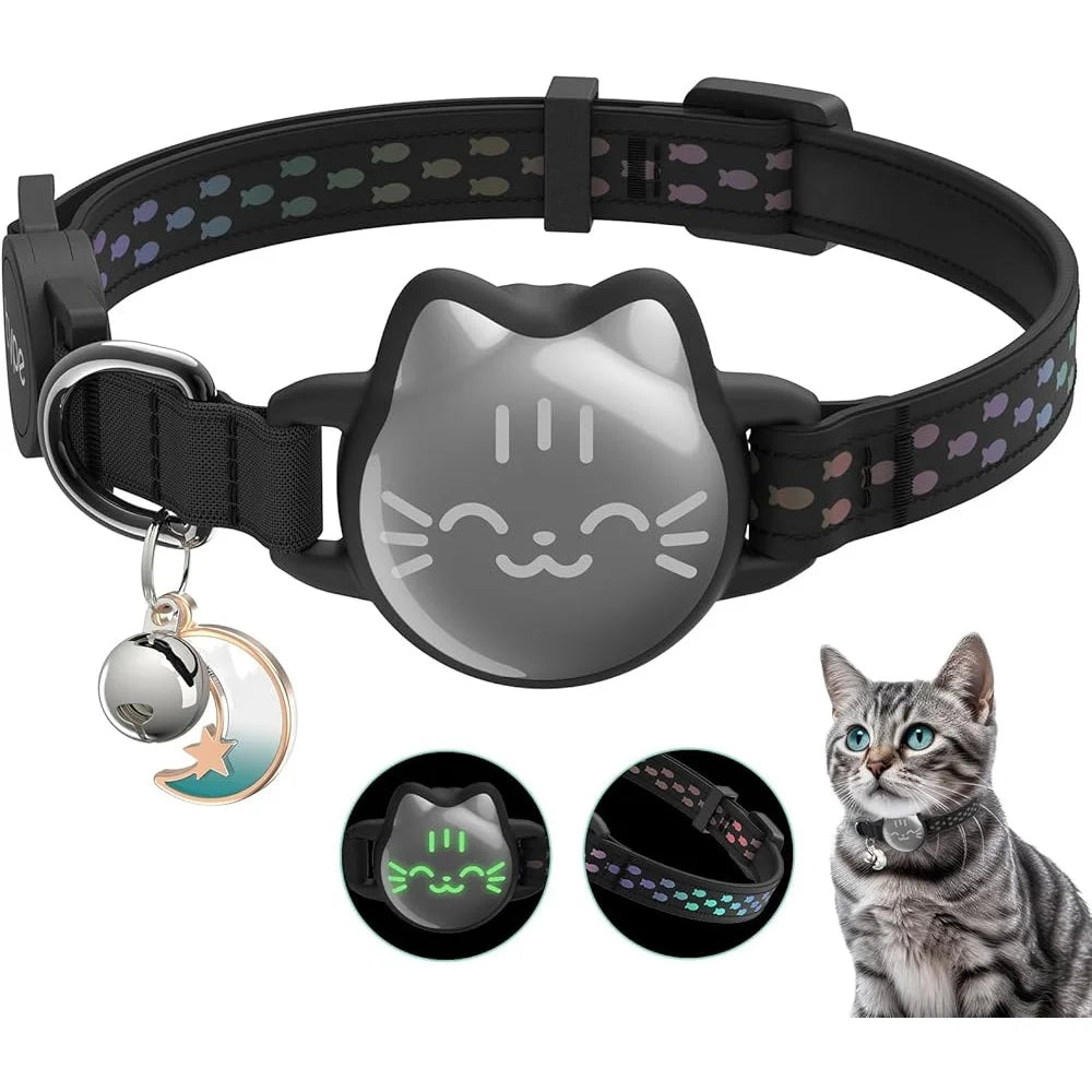Waterproof Cat Collar with AirTag Holder – Reflective Fish Pattern, Lightweight Soft Breakaway GPS Tracker Collar for Kittens & Cats