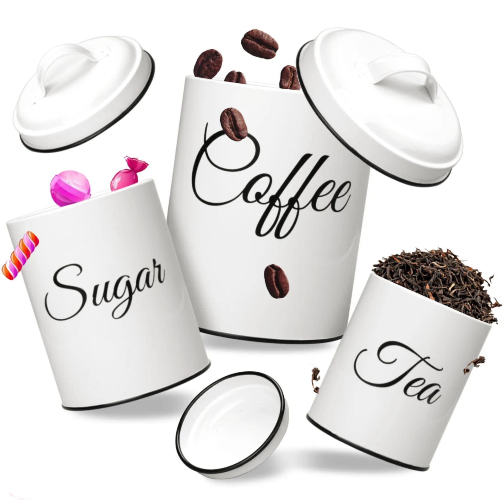 3-Piece Airtight White Vintage Kitchen Canister Set – Countertop Storage for Coffee, Tea & Sugar