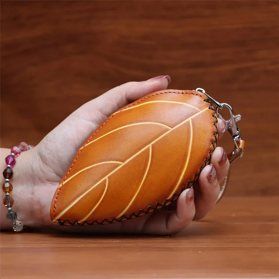 Handmade Leather Coin Purse – Ladies Leaf & Ladybug Creative Key Case Clutch Bag (Yellow)