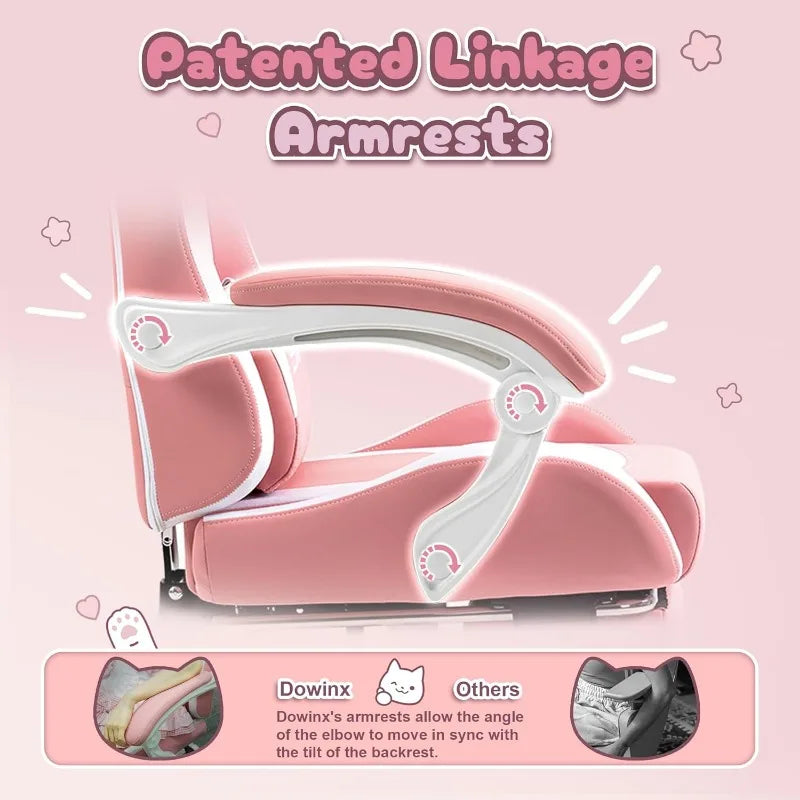 Dowinx Gaming Chair with Cat Ears – Cute Pink Ergonomic Computer Chair with Massage Lumbar Pillow, Headrest & Adjustable Armrests