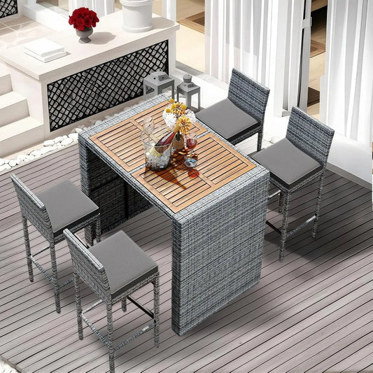 “5-Piece Rattan Patio Bar Set – Outdoor Wicker Furniture with Wood Tabletop & 4 High Stools for Garden, Poolside & Balcony Dining”