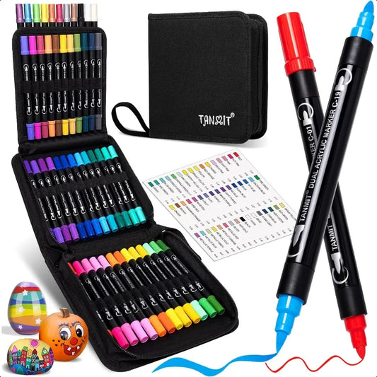 48 Colors Acrylic Paint Pens – Dual Tip Acrylic Markers with Brush & Fine Tip for Rock Painting, Wood, Canvas & Crafts