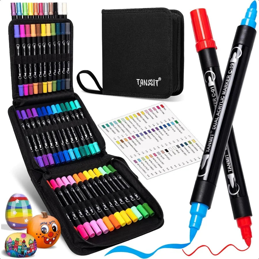 48 Colors Acrylic Paint Pens – Dual Tip Acrylic Markers with Brush & Fine Tips for Rock Painting, Wood, Canvas & DIY Crafts
