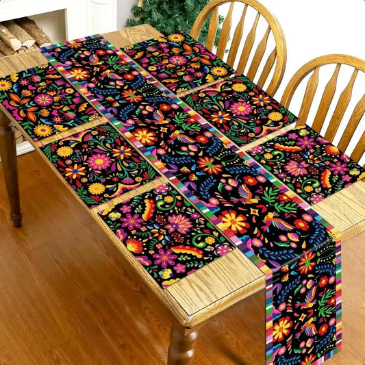 Mexican Fiesta 7-Piece Table Set – Vibrant Placemat & Table Runner Kit for Dia de los Muertos & Farmhouse Dining 🌵🎉