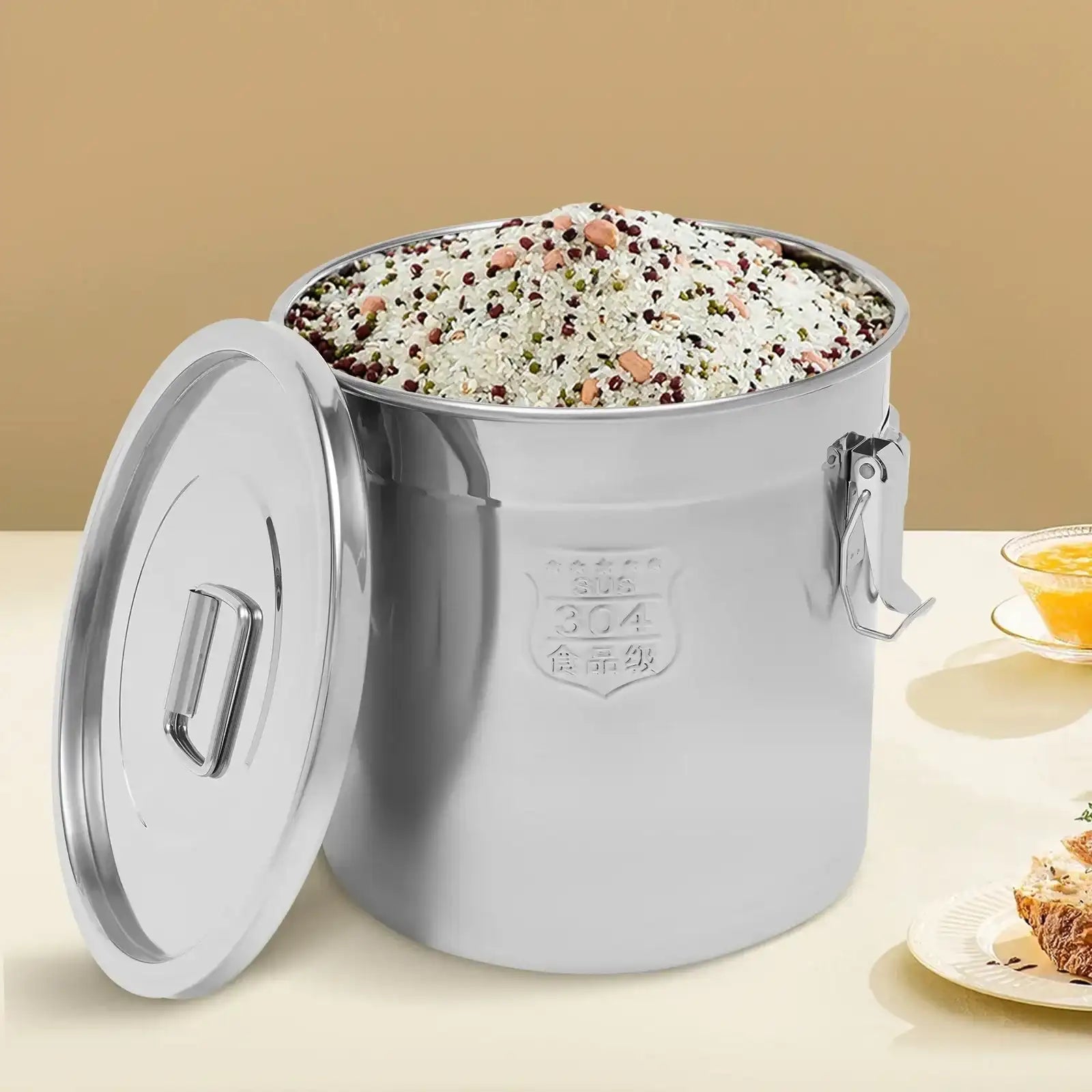 21 L Stainless Steel Large Capacity Food Storage Bin – Airtight Rice & Grain Container with Silicone Seal & Lock Clips