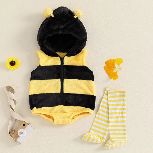 Lioraitiin Baby Bee Costume – Infant Sleeveless Hooded Romper with Long Socks Set, Newborn Halloween Outfit 0–24M