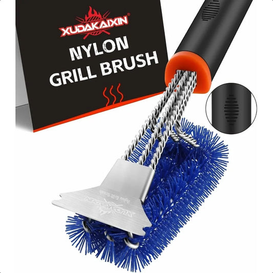 “Grill Brush & Scraper – Safe Nylon Bristles Triple Scrubber for BBQ Cleaning Cast Iron, Porcelain & Weber Gas Grates”