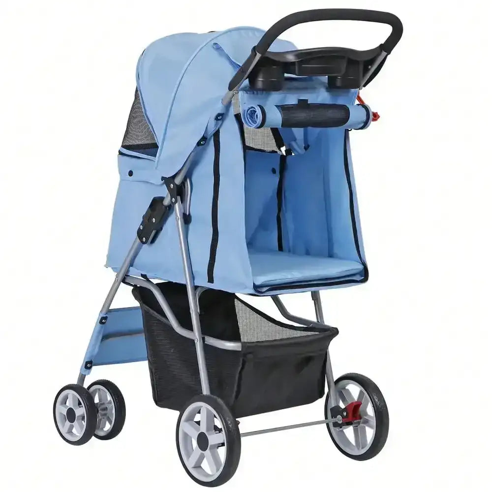 “Blue 4-Wheel Foldable Pet Stroller for Cats & Dogs – Portable Jogger Carrier with Storage Basket”