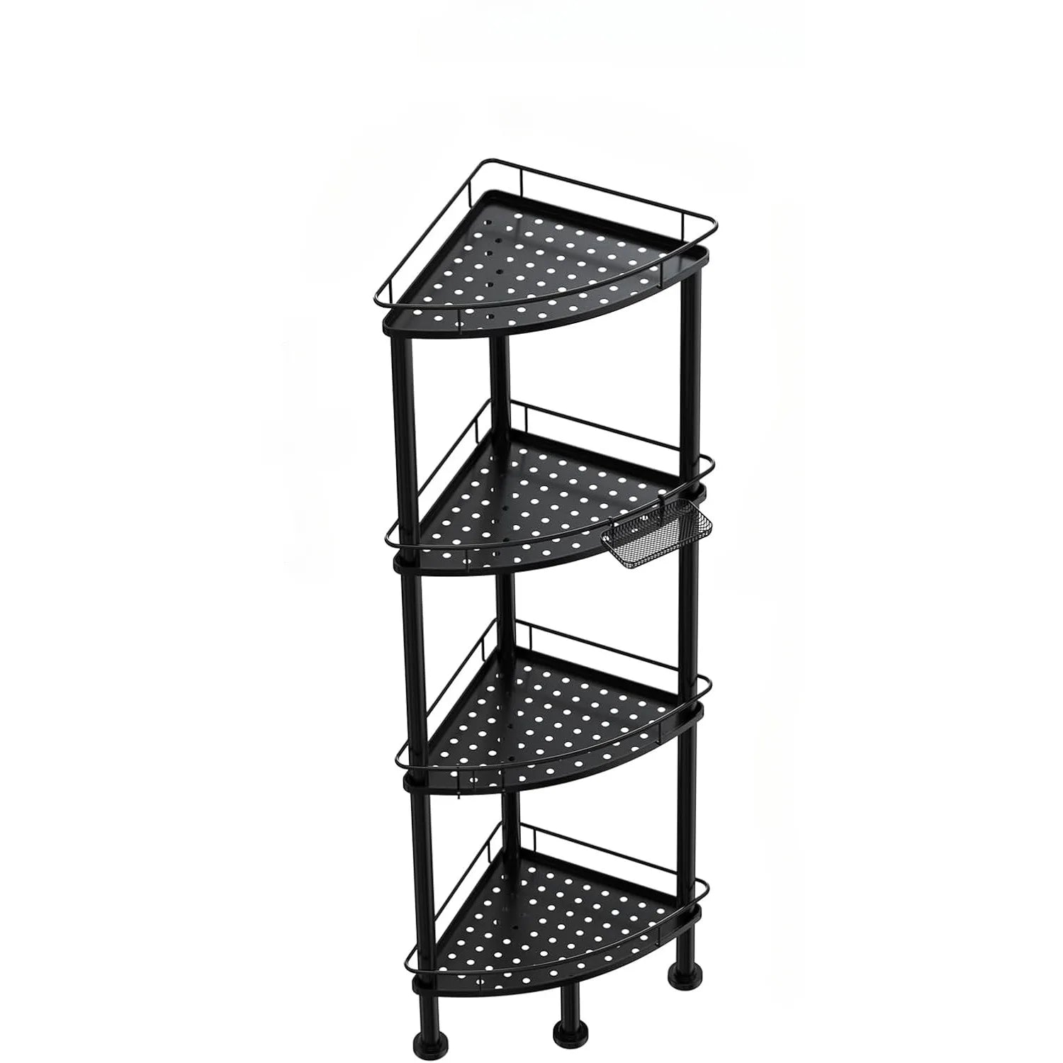 4-Tier Rustproof Corner Shower Rack with 4 Hooks – Black Metal Stand for Bathroom Storage