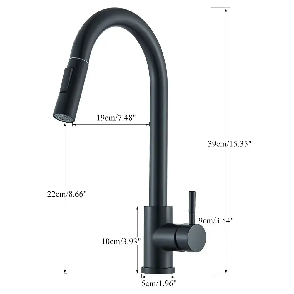 1- Product Title: Matte Black Pull-Out Kitchen Faucet – Deck Mounted Mixer Tap with Stream & Shower Modes