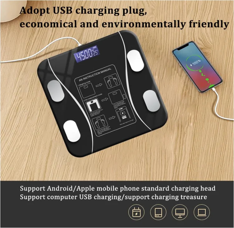 Intelligent USB Rechargeable Wireless Digital Weighing Scale with Bluetooth & LED Display – Body Fat Measurement