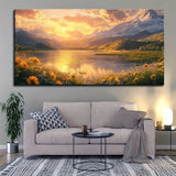 Large Canvas Wall Art – Mountain Landscape with Lake & Floral Accents in Pine Solid Wood Frame (1.5″ Thick)