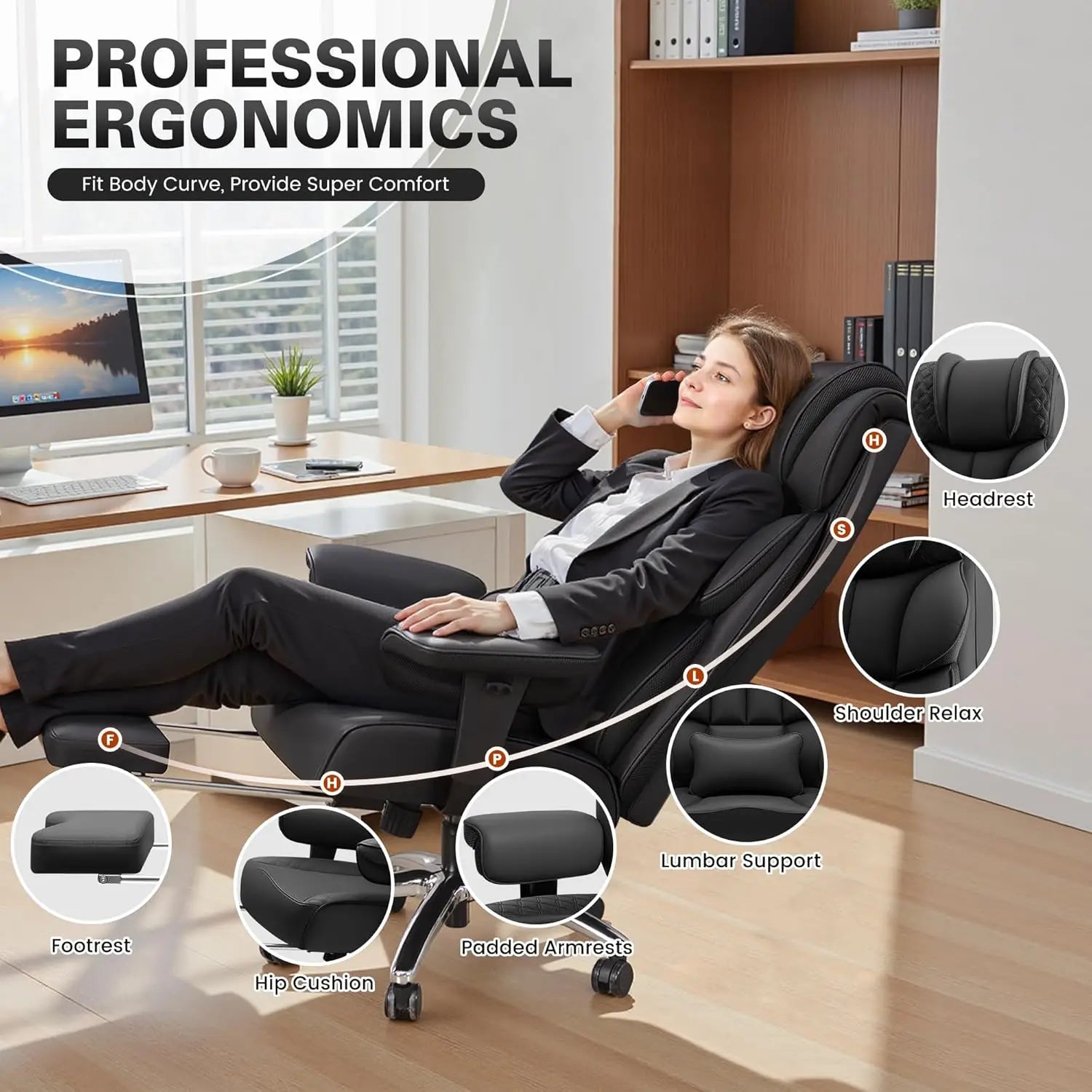 🪑 Big & Tall Reclining PU Leather Office Chair – Ergonomic High-Back with Lumbar Support & Footrest, Black