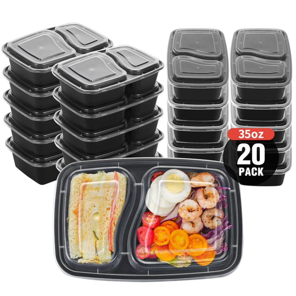 20PCS Disposable Two-Compartment Lunch Boxes – Stackable Microwave-Safe Food Containers