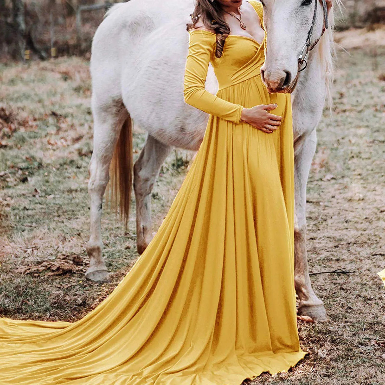 Women’s Off-Shoulder Maternity Photography Dress – Long Sleeve Solid Color Princess Gown for Elegant Pregnancy Photoshoots