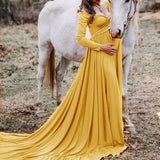Women’s Off-Shoulder Maternity Photography Dress – Long Sleeve Solid Color Princess Gown for Elegant Pregnancy Photoshoots