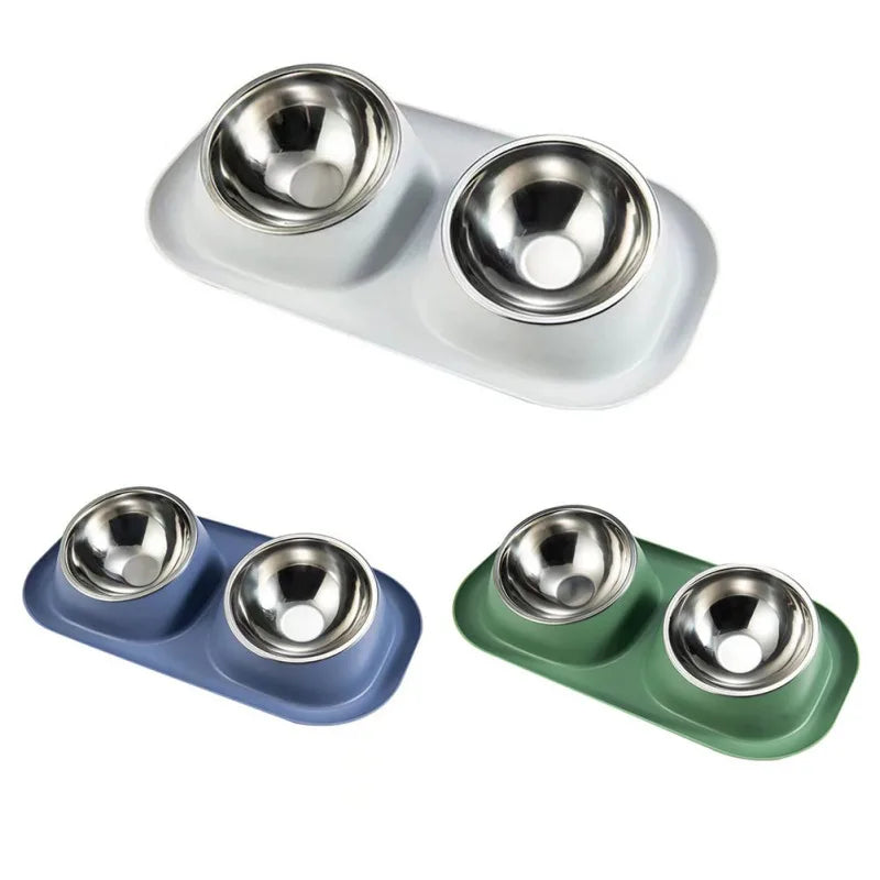 Stainless Steel Double Cat & Dog Bowl – Tilted Pet Food & Water Feeder with Non-Slip Base for Neck Safety 🐾🥣