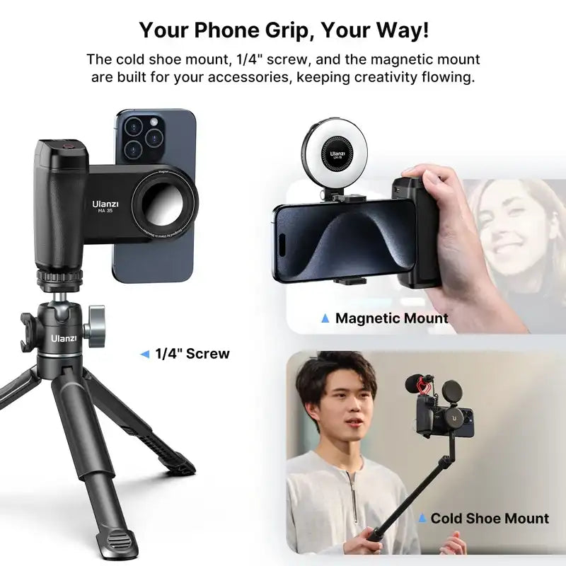 Ulanzi MA35 MagSafe Bluetooth Smartphone Camera Grip – Magnetic & Clamp Handle with Remote Shutter