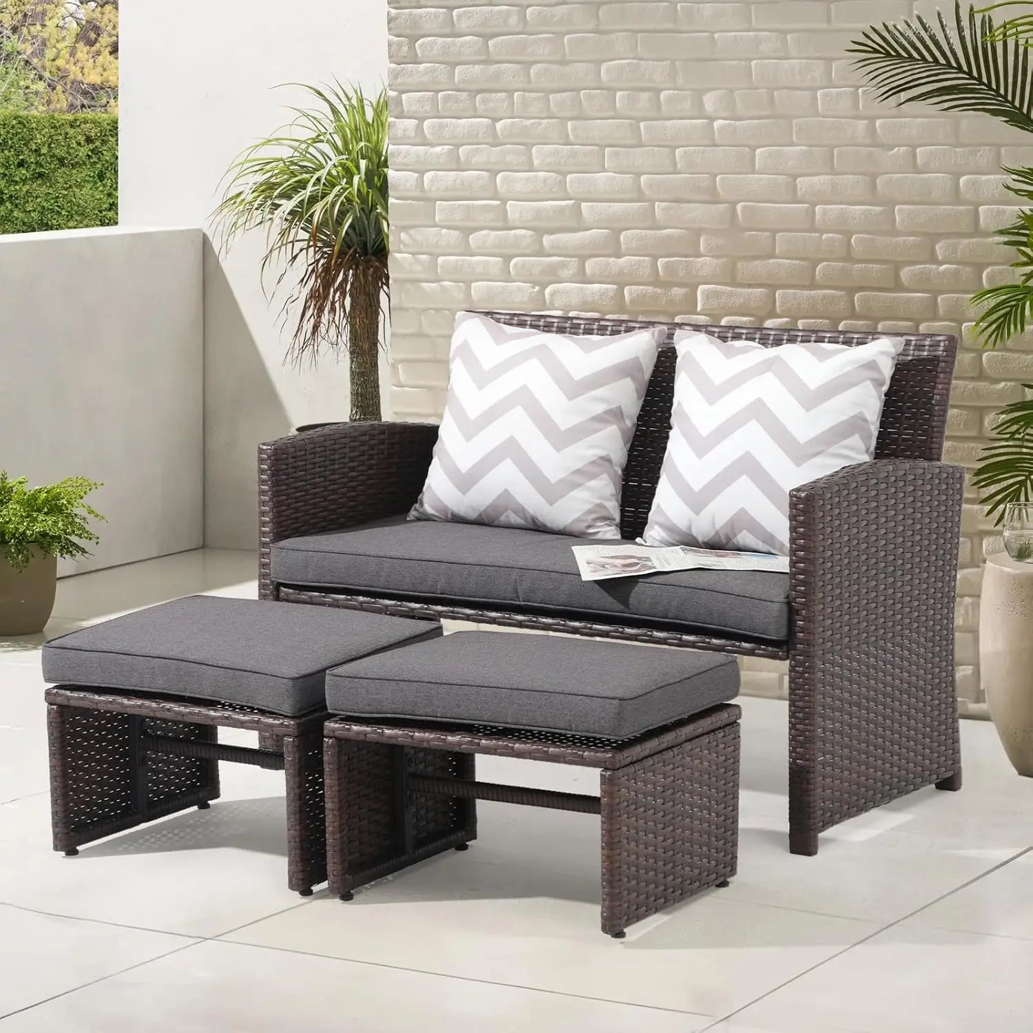3-Piece All-Weather Wicker Outdoor Loveseat Set with Ottoman & Side Table