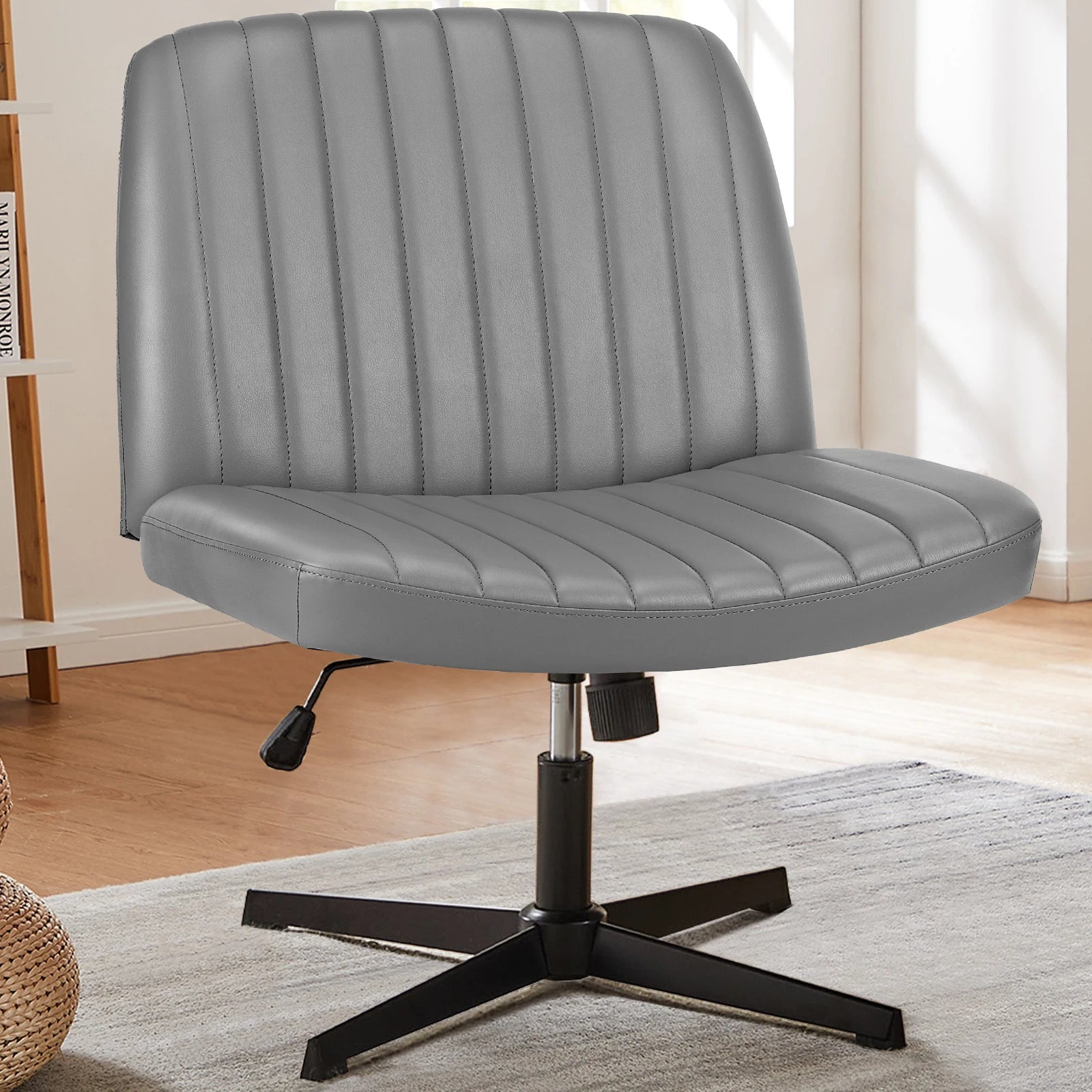 🪑 JHK Cross-Legged Rocking Gaming Chair – Armless Wide Fabric Swivel Task & Vanity Chair for Office & Living Room