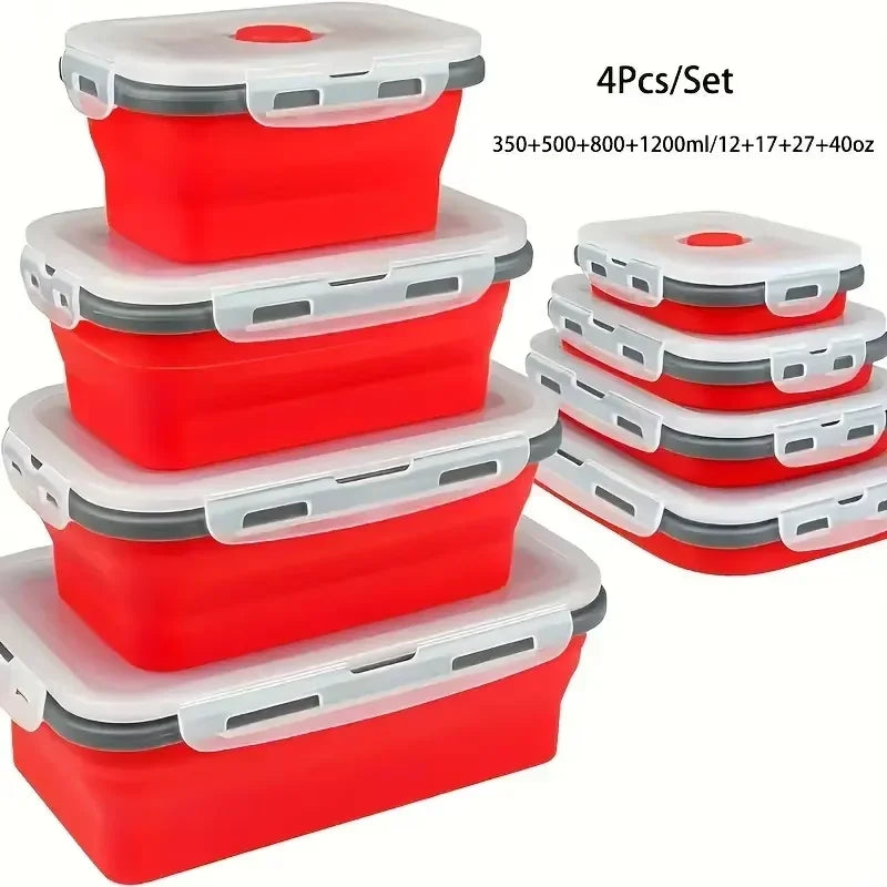 4-Pack Silicone Collapsible Lunch & Food Storage Boxes – Flat Stack Design with Lids, BPA-Free