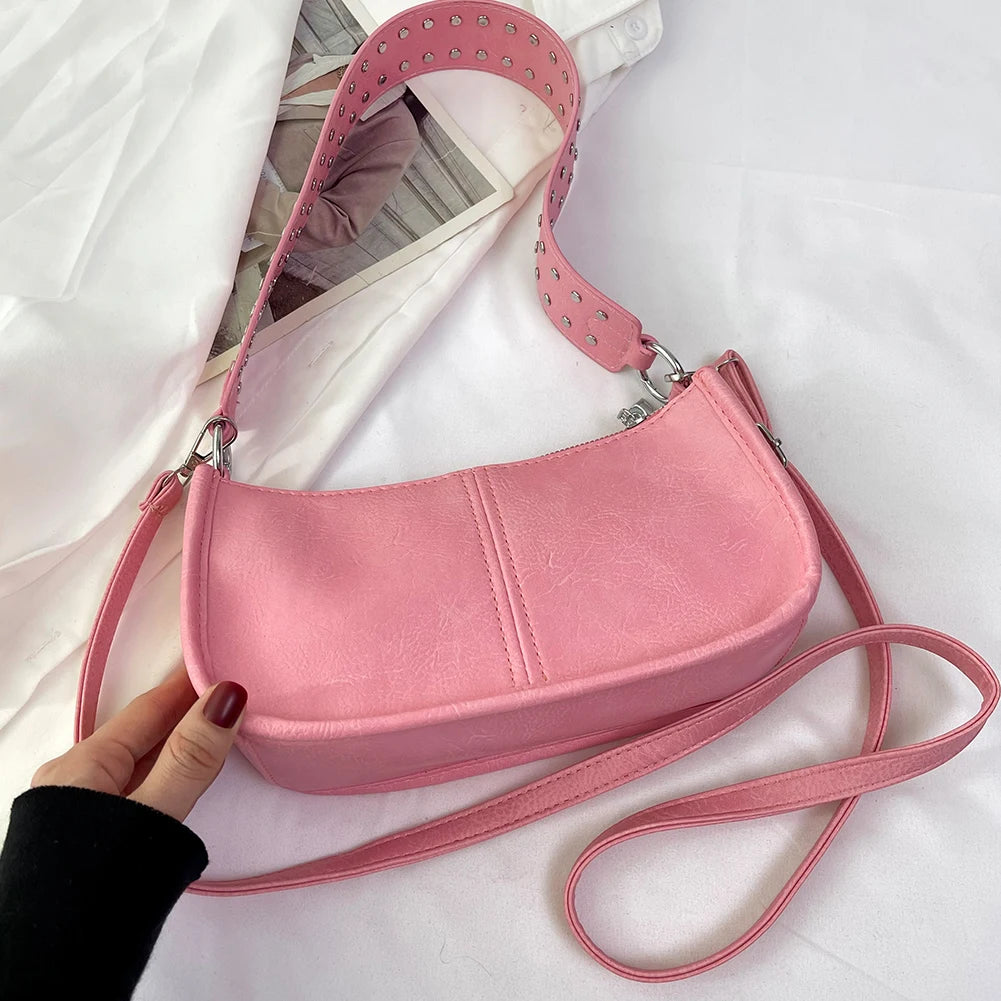 Studded Decor Under-Arm Satchel Bag – Adjustable Strap PU Leather Daily Shoulder Bag for Women