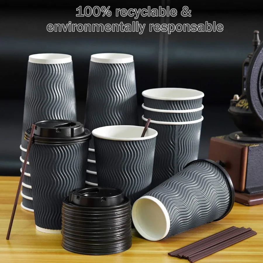 16 oz Disposable Paper Coffee Cups With Lids & Straws – 90-Set To-Go Hot Drink Bundle