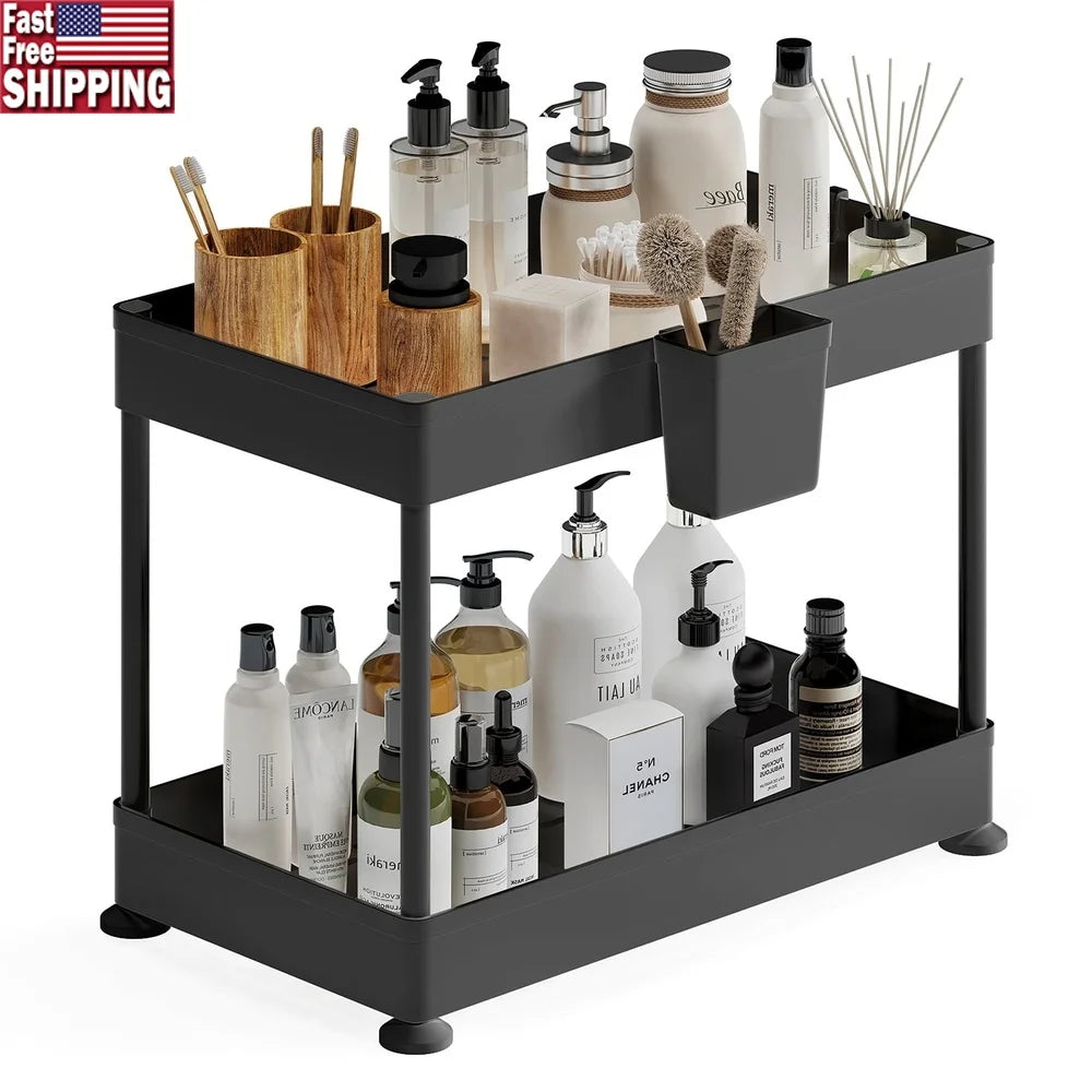 2-Tier Under-Sink Organizer Cabinet Storage – Pull-Out Shelf with Utility Hooks & Side Caddy