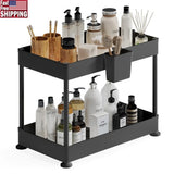 2-Tier Under-Sink Organizer Cabinet Storage – Pull-Out Shelf with Utility Hooks & Side Caddy