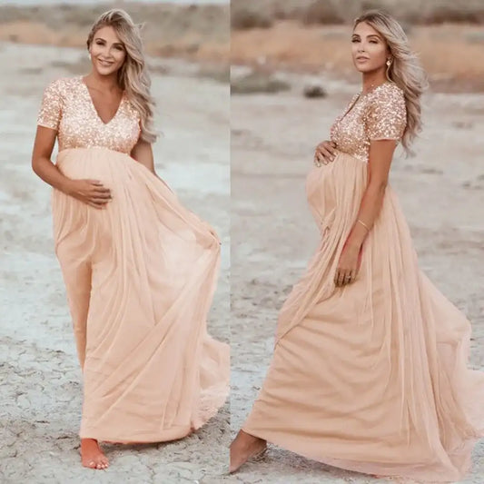 Ruffled Maternity Gown with Short Sleeve – Formal Solid Dress for Pregnancy Photo Shoot & Wedding