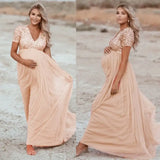 Ruffled Maternity Gown with Short Sleeve – Formal Solid Dress for Pregnancy Photo Shoot & Wedding