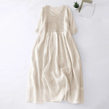 Women’s Solid Cotton Linen Maxi Dress – A-Line V-Neck Pleated Summer Sundress with Pockets & Short Sleeves