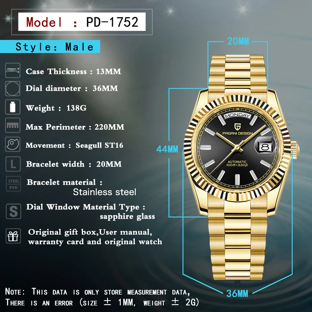 “Pagani Design DD36 Gold Black Automatic Mechanical Watch for Men – 2025 Luxury Sapphire Glass Wristwatch”