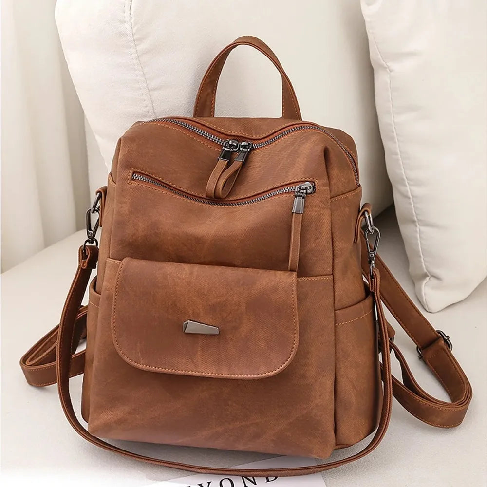 Waterproof PU Leather Backpack Purse for Women – Brown Casual Shoulder Handbag