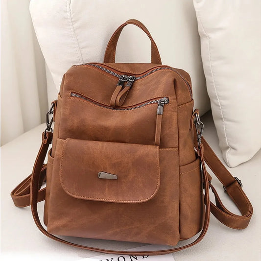 Waterproof PU Leather Backpack Purse for Women – Brown Casual Shoulder Handbag